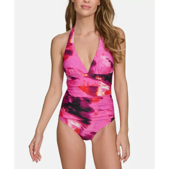 NEW DKNY Pink and Black One Piece Swimsuit Size Small Halter Tie Plunge NWT - Picture 1 of 9